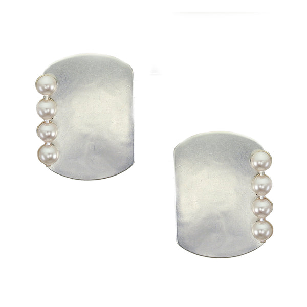 Rounded Rectangle with a Line of White Pearls Post or Clip Earring
