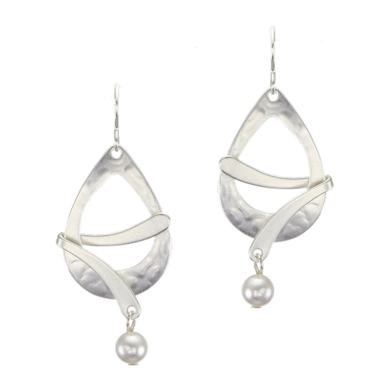 Cutout Teardrop with Folded Curve and White Pearl Wire Earring