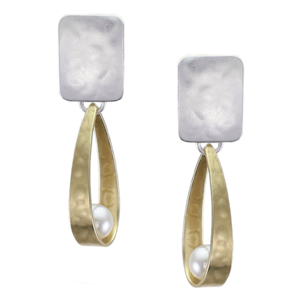 Rectangle with Long Loop and White Pearl Post or Clip Earring