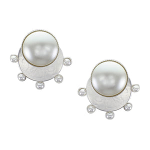 Large White Pearl Cabochon on Disc with Radial Pearls Post or Clip Earring