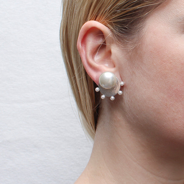Large White Pearl Cabochon on Disc with Radial Pearls Post or Clip Earring