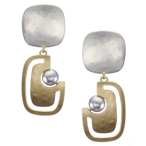 Rounded Square with Cutout Rounded Rectangle and Grey Pearl Post or Clip Earring