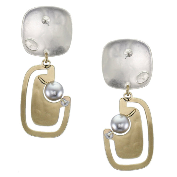 Rounded Square with Cutout Rounded Rectangle and Grey Pearl Post or Clip Earring