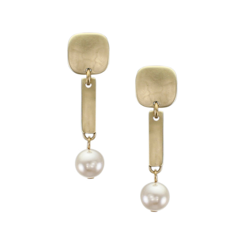 Small Rounded Square with Long Rectangle and White Pearl Post Earring