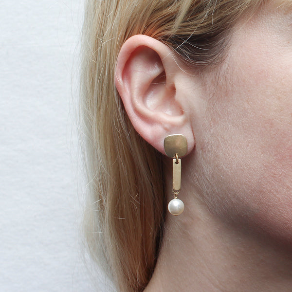 Small Rounded Square with Long Rectangle and White Pearl Post Earring