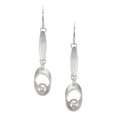 Small Elongated Oval with Oval Rim and White Pearl Wire Earring