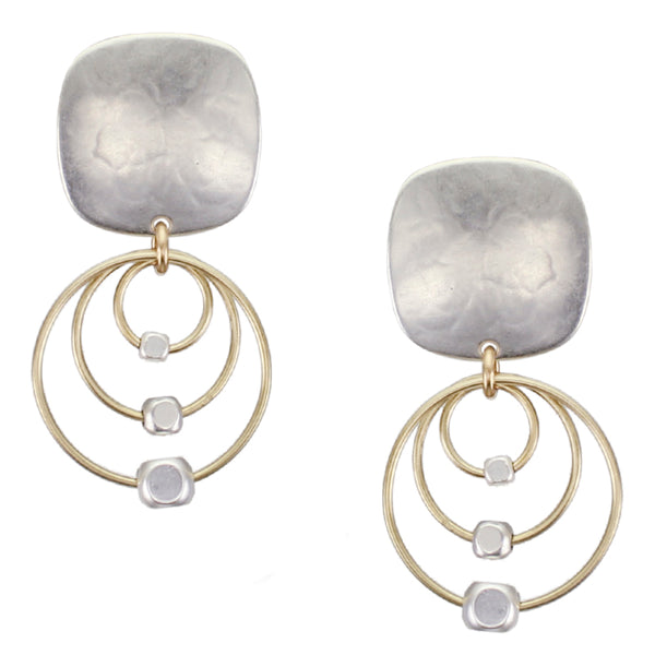 Rounded Square with Triple Rings and Beads Post or Clip Earring