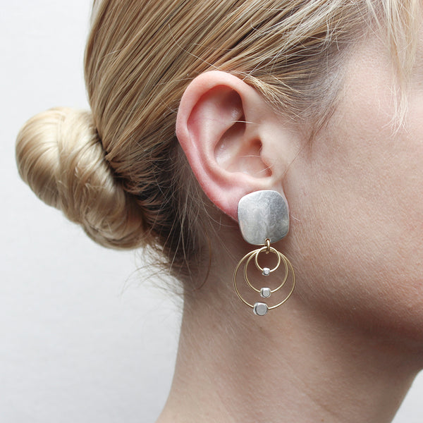 Rounded Square with Triple Rings and Beads Post or Clip Earring