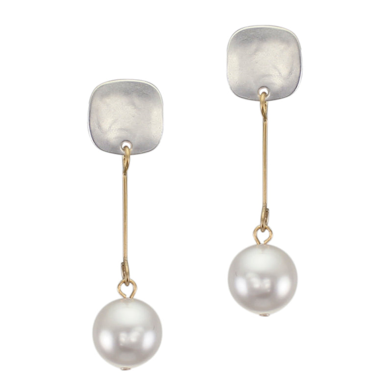 Small Rounded Square with Extended White Pearl Drop Post Earring