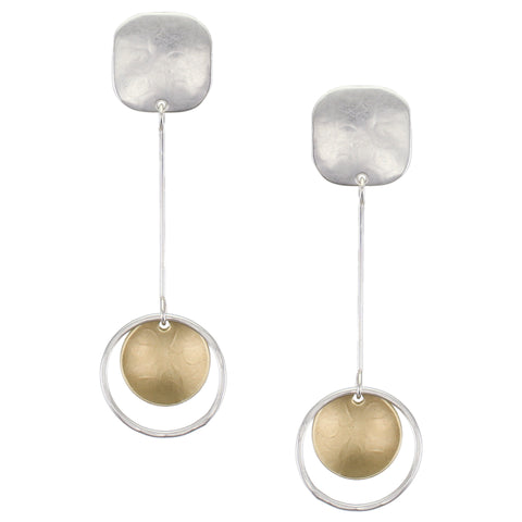 Rounded Square with Extended Ring and Disc Drop Post or Clip Earring