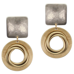 Rounded Square with Dished Ring and Thin Knot Clip Earring