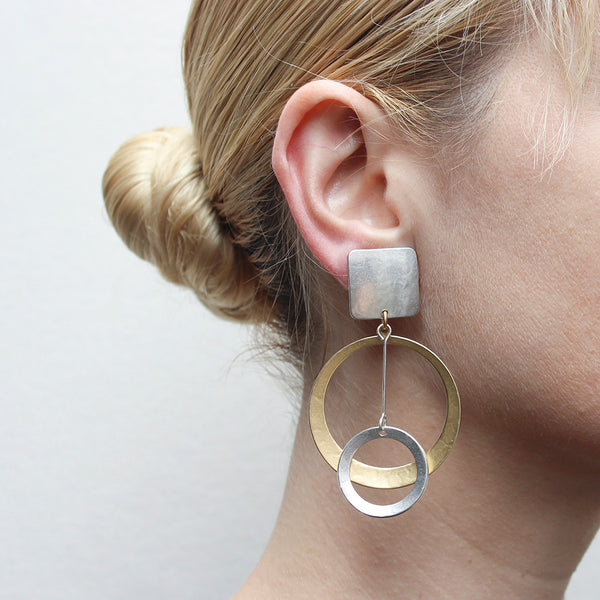 Square with Extra Large Dished Cutout Disc with Extended Ring Drop Post or Clip Earring