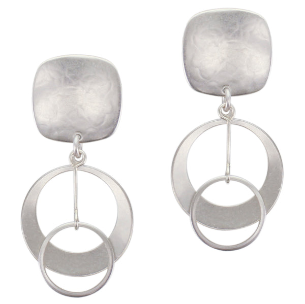 Rounded Square with Medium Dished Cutout Disc with Extended Ring Drop Post or Clip Earring