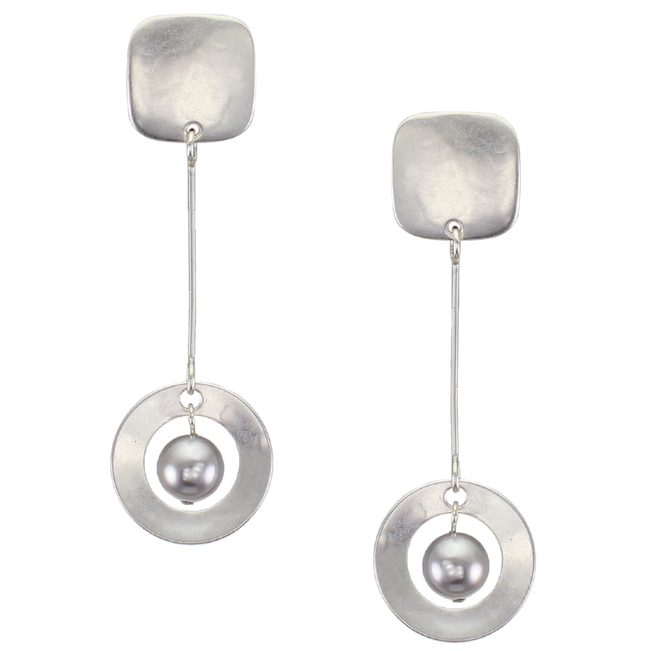 Rounded Square with Extended Ring and Grey Pearl Drop Post Earring