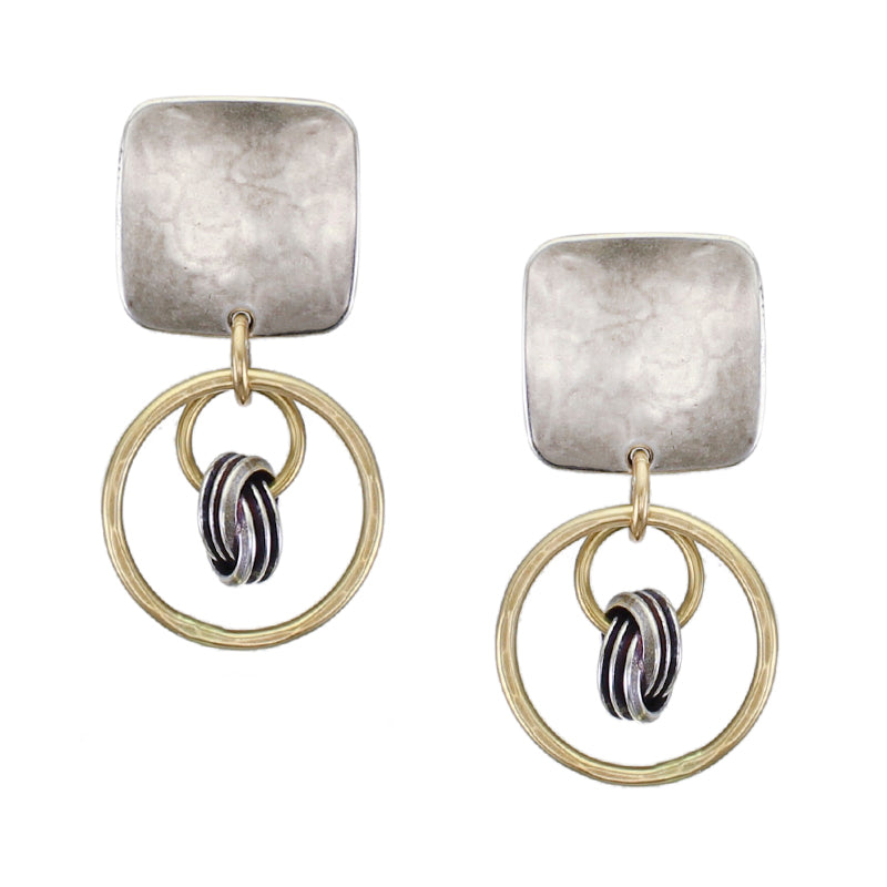 Rounded Square with Medium Rings with Suspended Knot Clip Earring