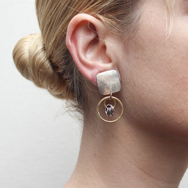 Rounded Square with Medium Rings with Suspended Knot Clip or Post Earring