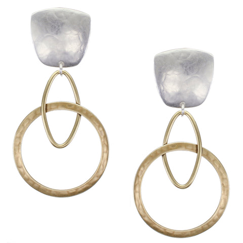 Tapered Square with Oval Ring and Interlocking Large Ring Post or Clip Earring