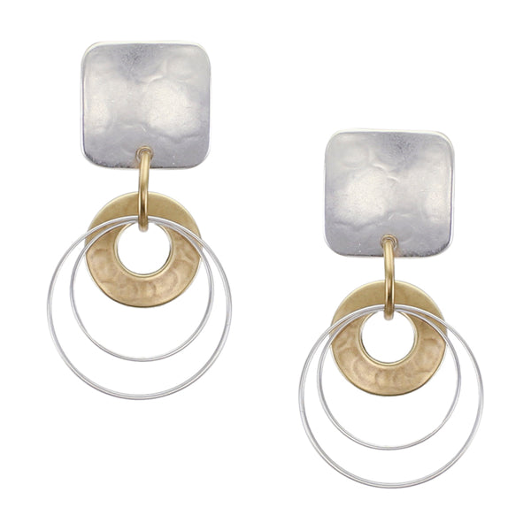 Small Rounded Square with Cutout Disc and Double Rings Post or Clip Earring