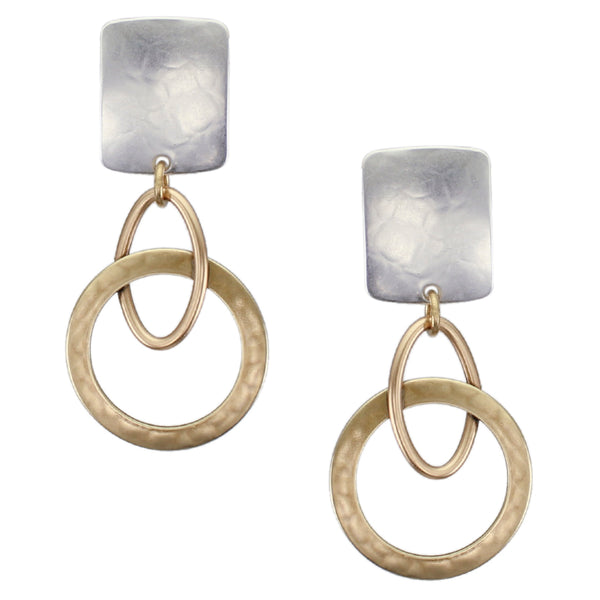 Rounded Rectangle with Oval Ring Interlocked with Wide Ring Post or Clip Earring