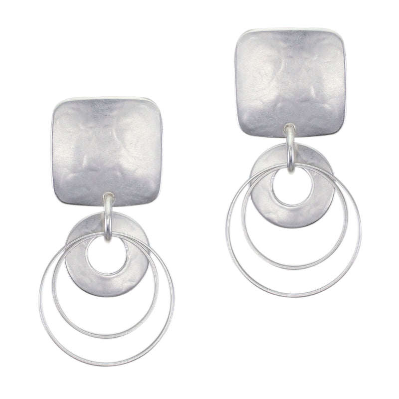 Medium Rounded Square with Cutout Disc and Double Rings Post or Clip Earring