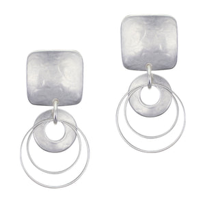 Medium Rounded Square with Cutout Disc and Double Rings Post or Clip Earring
