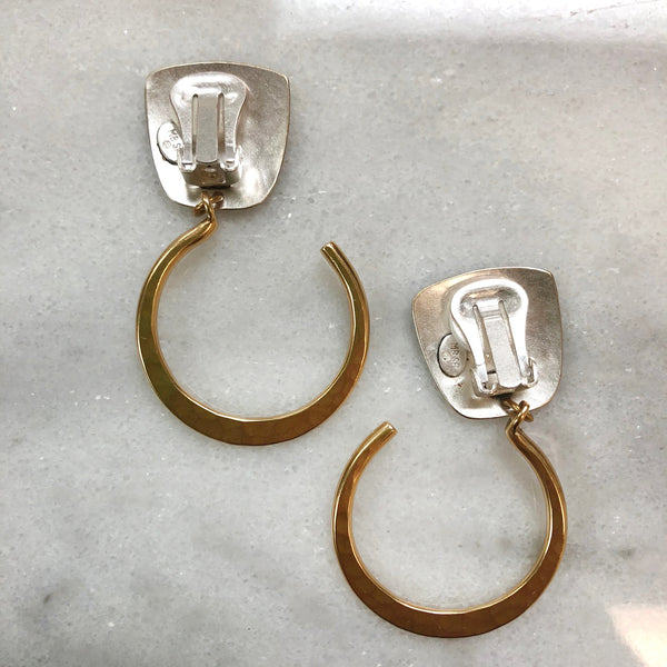 Tapered Square with Medium Hammered Hoop Clip or Post Earring