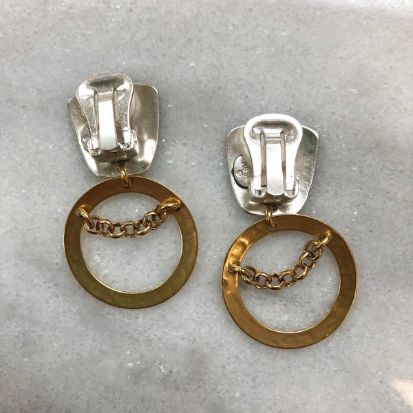 Tapered Square with Small Wide Ring and Chain Clip or Post Earring