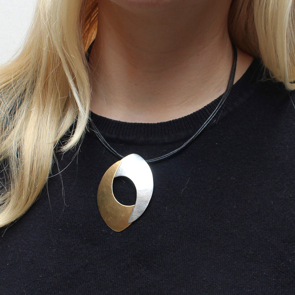 Overlapping Silver and Brass Arches on Black Cord Necklace