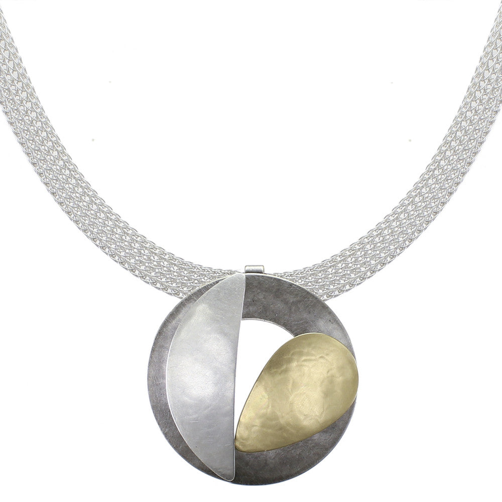 Cutout Disc and Leaves on Wide Mesh Chain Necklace