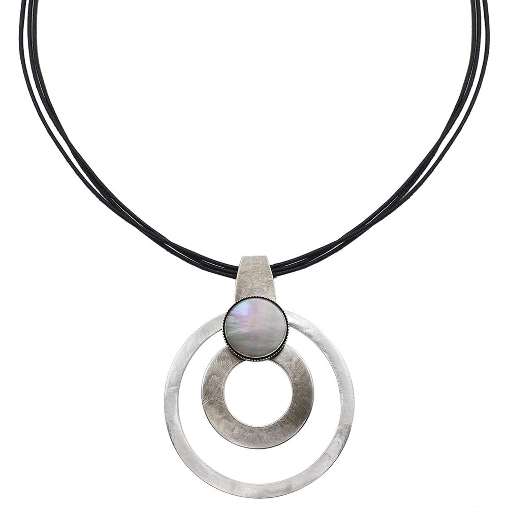 Double Rings with Black Pearl Disc on Black Cord Necklace