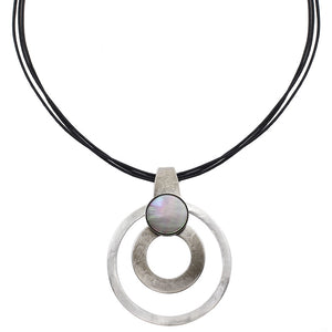 Double Rings with Black Pearl Disc on Black Cord Necklace