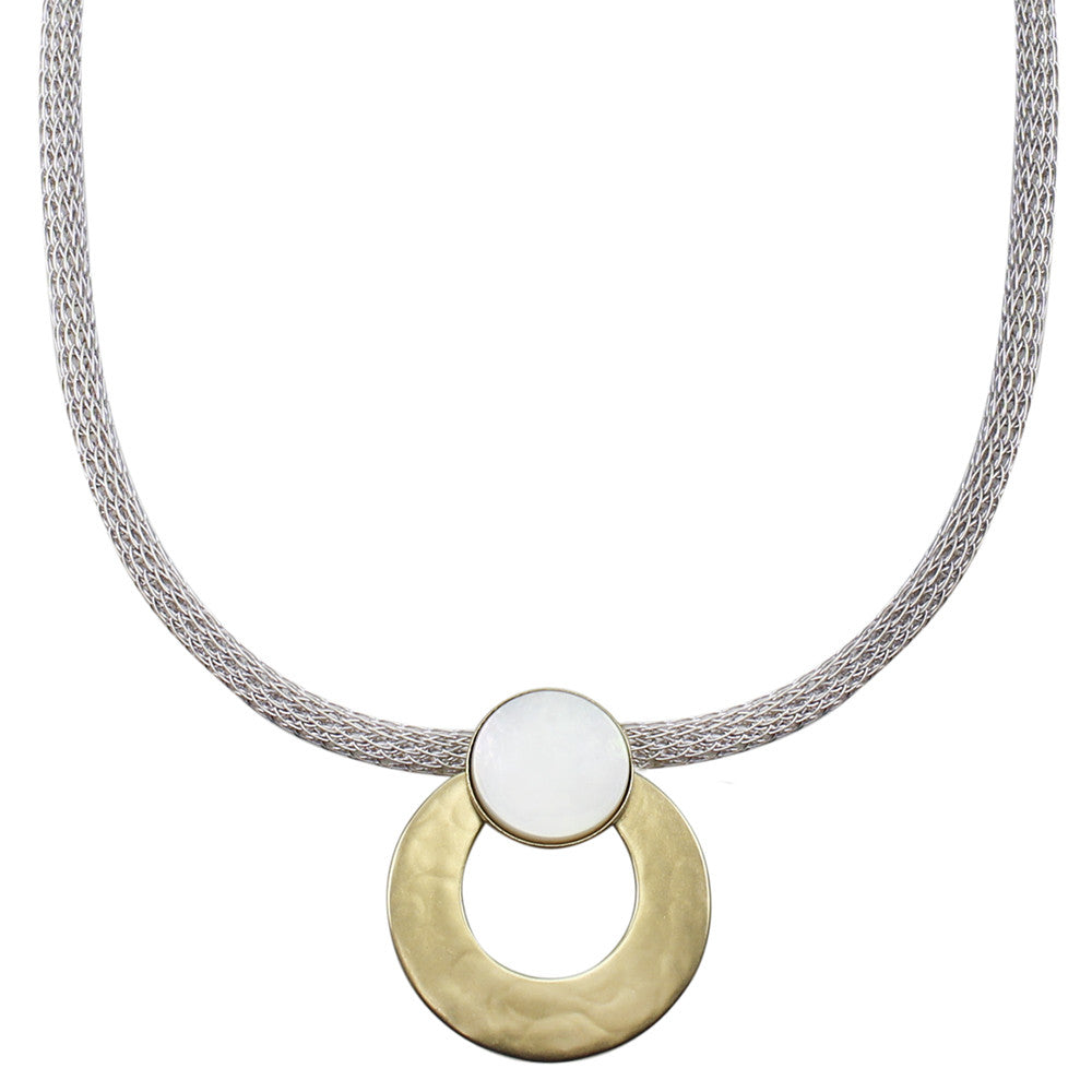 Mother of Pearl Disc with Wide Ring on Round Mesh Necklace