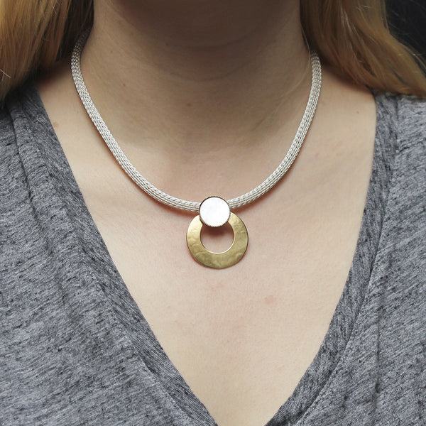 Mother of Pearl Disc with Wide Ring on Round Mesh Necklace