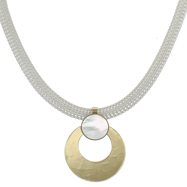 Cutout Disc with Mother of Pearl on Wide Mesh Chain Necklace