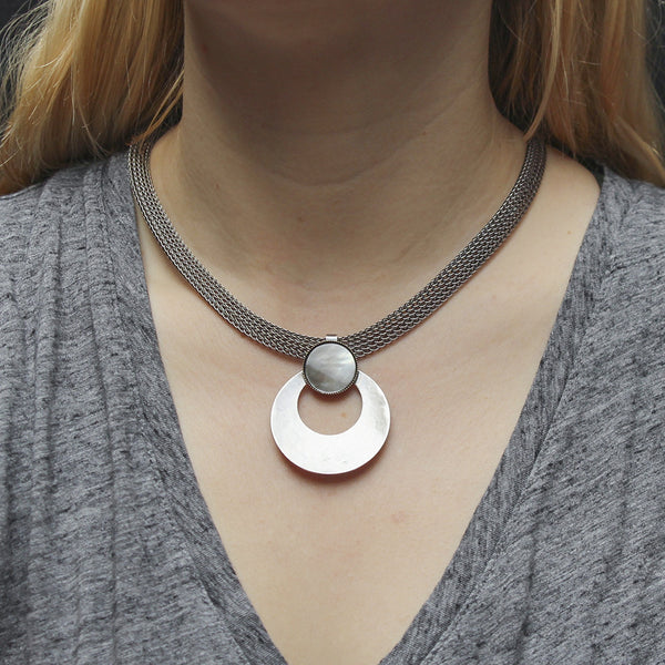 Cutout Disc with Black Pearl on Wide Mesh Chain Necklace