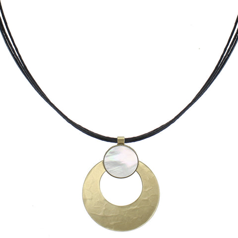 Cutout Disc with Mother of Pearl on Black Cord Necklace