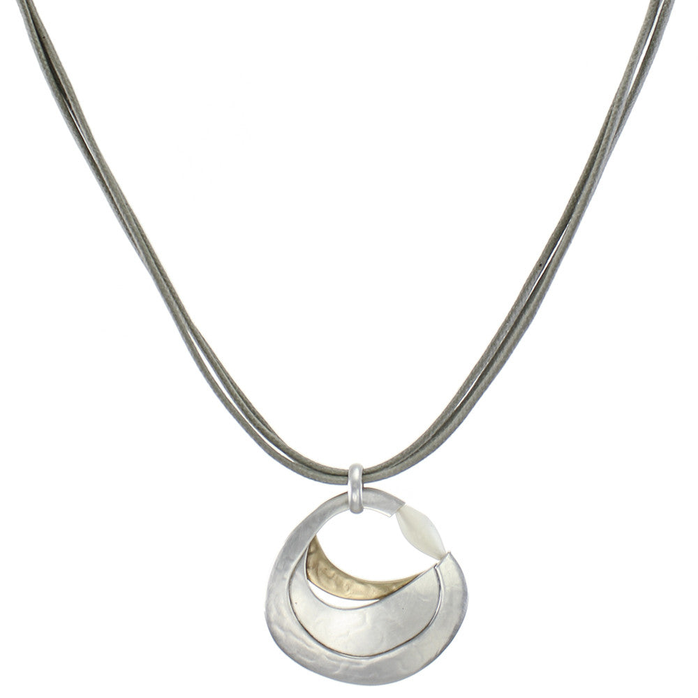 Layered Organic Circle with Mother of Pearl Bead Necklace on Grey Cord