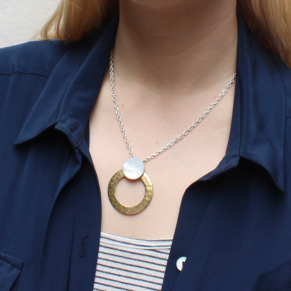 Wide Ring with Mother of Pearl Disc Necklace on Link Chain