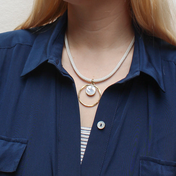 Ring with Mother of Pearl Disc on Round Mesh Chain Necklace