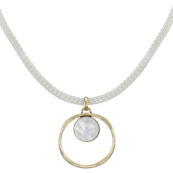 Ring with Mother of Pearl Disc on Round Mesh Chain Necklace