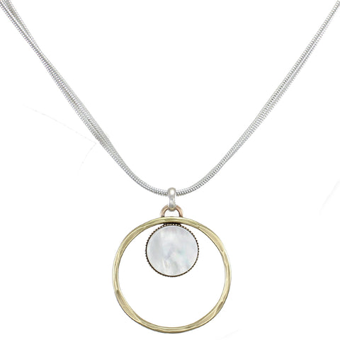 Ring with Mother of Pearl Disc on Doubled Snake Chain Necklace