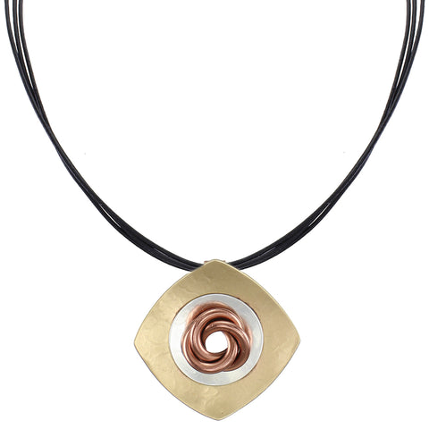 Square with Disc and Knot on Black Cord Necklace