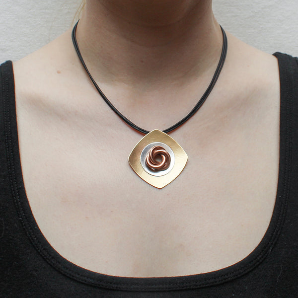 Square with Disc and Knot on Black Cord Necklace