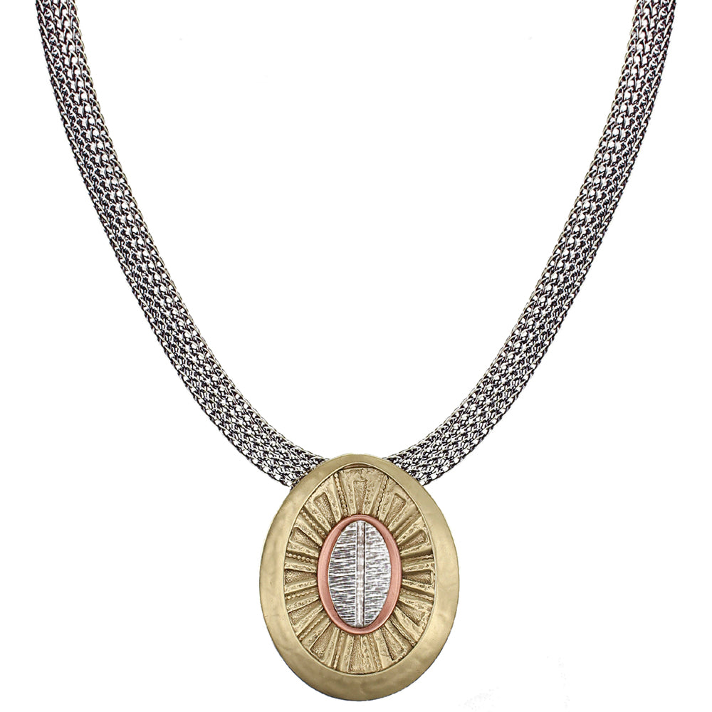 Framed Layered Textured Ovals on Wide Mesh Chain Necklace