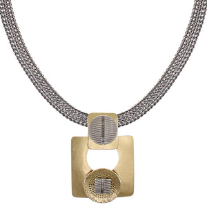 Textured Discs with Cutout Square with Wide Mesh Necklace