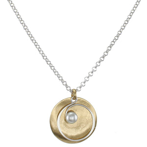 White Pearl Cabochon with Wire Spiral and Hammered Disc on Chain Necklace