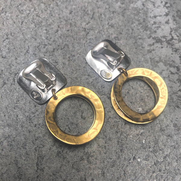 Medium Concave Square with Back To Back Wide Rings Clip or Post Earring