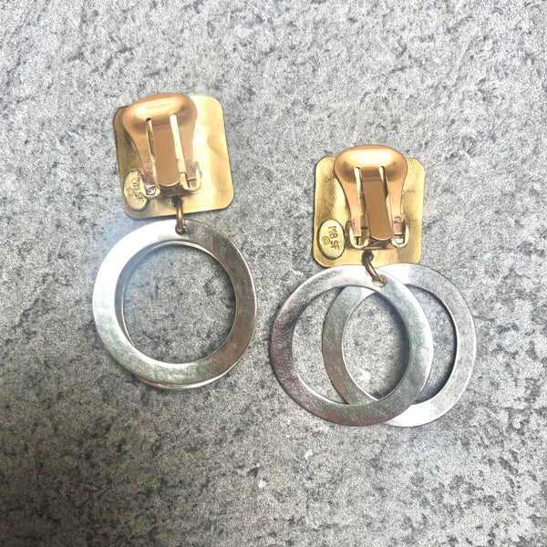 Small Concave Square with Back to Back Rings Clip or Post Earring